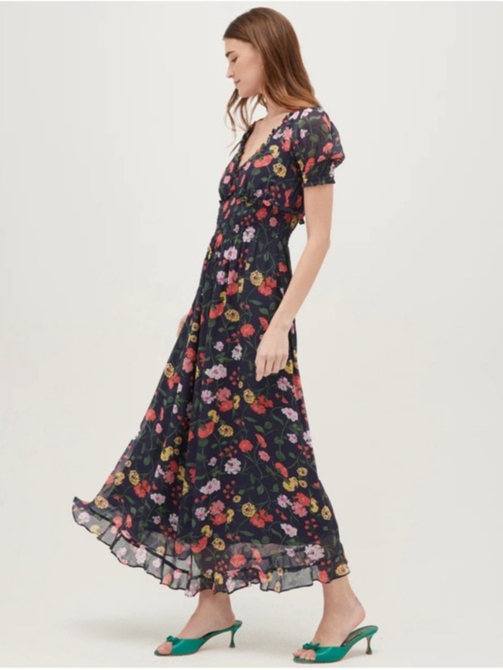 Hill House Georgia Nap Dress Multi Peony Bouquet Ruffled